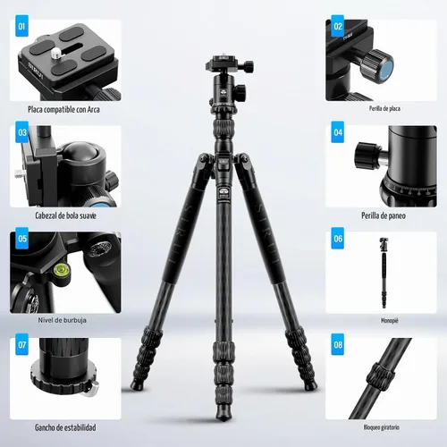 Vista 2 de SIRUI Traveler 7C Trípode para Cámara de 65.55 pulgadas Fibra de Carbono Trípode Arca con Cabezal de Bola Panorámica E-10 de 360° y Placa