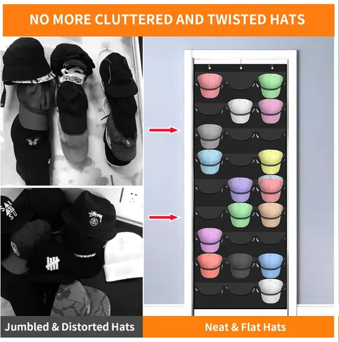 Vista 6 de Perchero para gorras de béisbol, 27 bolsillos sobre la puerta, organizador de sombreros de béisbol, almacenamiento de sombreros ajustable