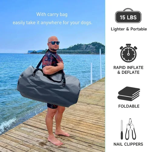 Vista 8 de Rampa inflable de agua para perros grandes, rampa flotante para mascotas de hasta 200 libras para perros grandes, escaleras inflables para barcos