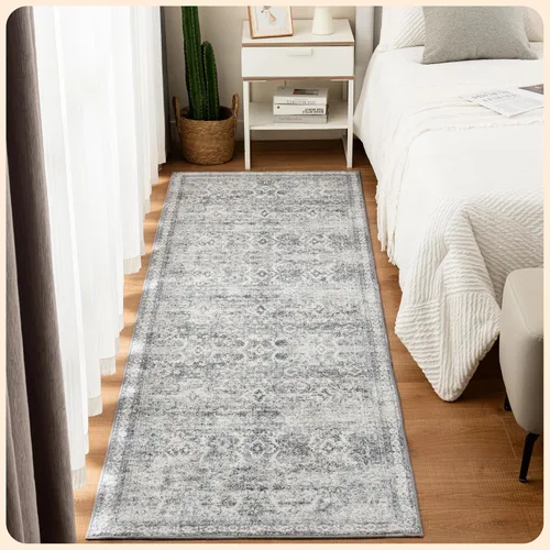 Vista 90 de Istana Alfombra larga antideslizante de 2.5 x 8 para el hogar, para pasillo y cocina, lavable, sedosa y suave al tacto, elegante, color azul y marfil