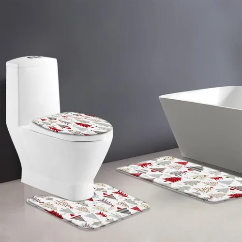 Vista 2 de GCTNBJL Juego de 3 alfombrillas de baño para árbol de Navidad, diseño de copo de nieve, rojo, gris, dibujos animados, invierno, vacaciones, baño
