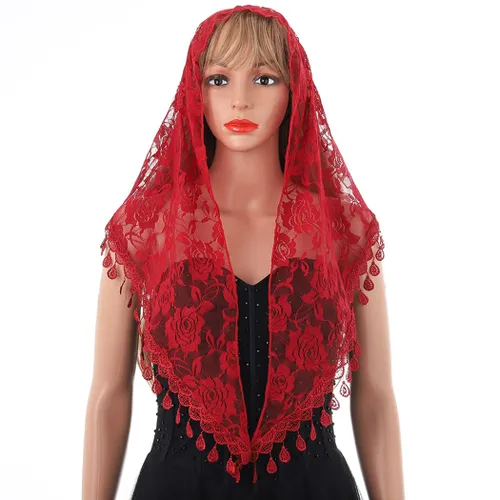 Vista 2 de Eaytmo Mass Veil - Bufanda latina de encaje para mujer, diseño de catedral, color rojo