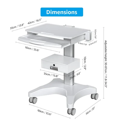 Vista 3 de Carrito médico con bandeja para laptop y soporte para escáner oral, estación de trabajo móvil sobre ruedas con cajón para hospitales, clínicas
