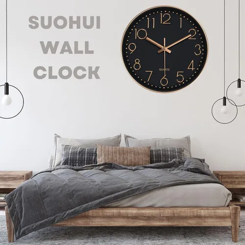Vista 9 de Reloj de pared silencioso de 12 pulgadas, relojes de pared sin tictac que funcionan con pilas, para decoración de sala de estar, reloj de pared Oro