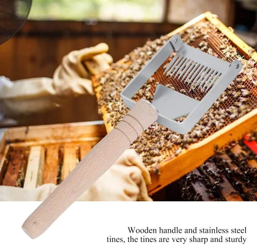 Vista 4 de TOPINCN Miel destaponamiento raspador acero inoxidable panal miel tenedor cuchillo Uncapper apicultura herramienta raspador colmena mango de madera