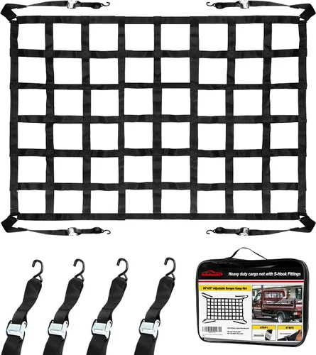 Vista 8 de Red de carga ajustable para caja de camioneta de 42 x 50 pulgadas, red de carga con accesorios de gancho en S, 2 pulgadas de ancho, red resistente