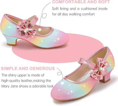 Vista 5 de Dufannie Zapatos de vestir para niñas, zapatos de tacón bajo de princesa, zapatos planos con purpurina para bodas y fiestas