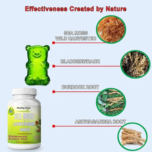Vista 2 de Gomitas de musgo marino Ashwagandha con raíz de bardana Bladderwrack, dieta alcalina keto vegana sin OMG, sin lácteos y gluten, por Healing Drops