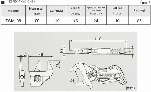 Vista 3 de Engineer TWM-08 - Llave ajustable de bolsillo compacta de 110 mm con mordazas ultra delgadas de 2 mm y cubierta de mango cómoda (TPR)