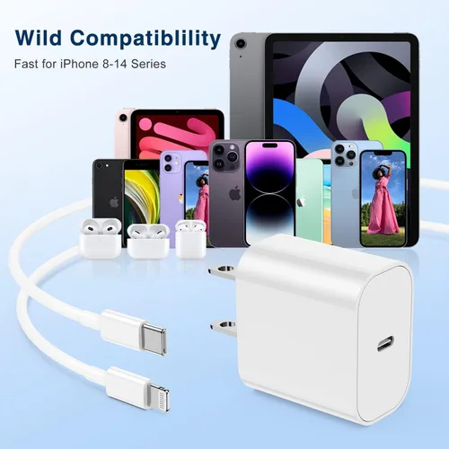 Vista 2 de Cargadores rápidos USB C de pared de 20 W, enchufe de alimentación con cable tipo C a Lightning de 6 pies, cable de carga Lightning