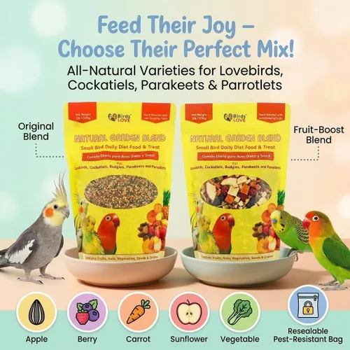 Vista 2 de Birds LOVE Natural Garden Blend - Alimento para pájaros pequeños, 2 libras, empaquetado a mano en Estados Unidos, mezcla natural con frutas