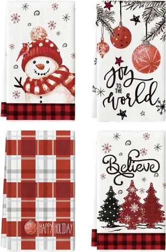 Vista 7 de Artoid Mode Toallas de Cocina y Paños de Cocina Navideños Negros y Rojos con Árbol de Navidad y Muñeco de Nieve, 18x26 Pulgadas, Toallas de Mano