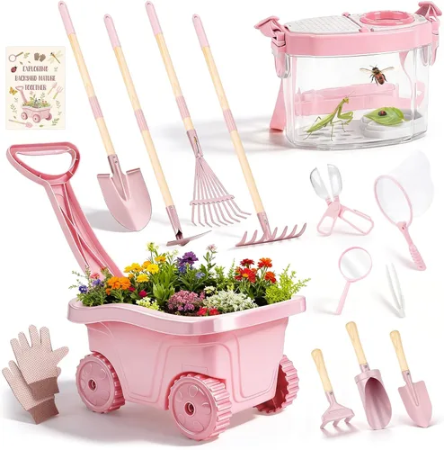 Vista 8 de Dreamon Herramientas de jardinería para niños y kit de atrapador de insectos, juguetes para exteriores 2 en 1 con carretilla y casa de insectos