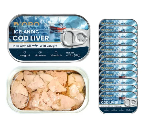 Vista 10 de D'ORO Hígado de bacalao islandés prémium en aceite – Delicia gourmet capturada en la naturaleza, rica en omega-3 y vitamina D 4.27 oz (121 gr) 3