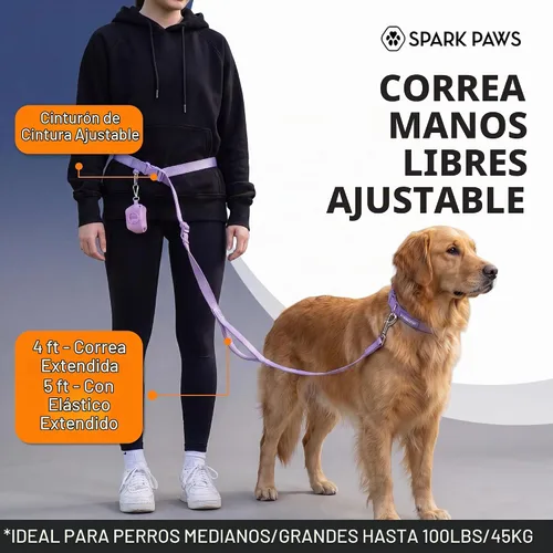 Vista 2 de Spark Paws - Correa para perro manos libres, cinturón elástico para correr y caminar Shock-Absorbing Bungee Stretch, Heavy-Duty Clip Doubles as