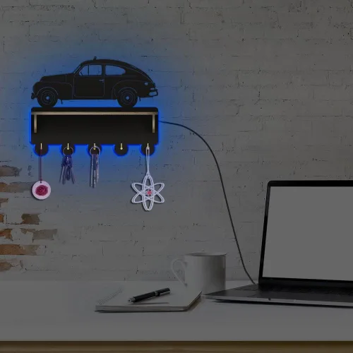 Vista 7 de The Geeky Days Moderno llavero luminoso LED con forma de coche para pared, perchero de madera montado en la pared con estante organizador de medalla