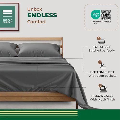 Vista 3 de THREAD SPREAD Juego de sábanas de 100 % algodón orgánico tamaño King de 4 piezas, tejido de percal de algodón orgánico, ropa de cama suave, fresca
