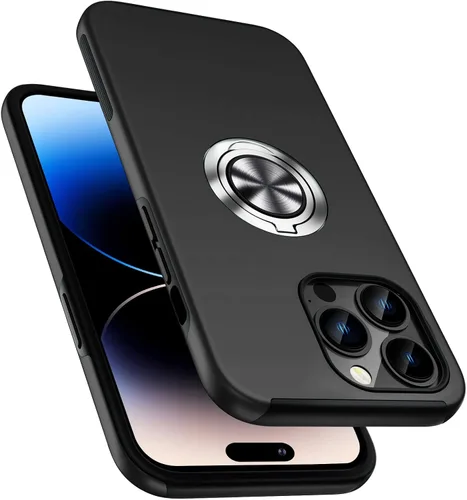 Vista 7 de Funda a prueba de golpes para iPhone 14 de 6.1 pulgadas, [anillo de dedo integrado] funda de teléfono de grado militar con soporte de metal Negro