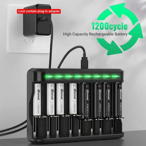 Vista 3 de BONAI Juego de cargador de baterías recargables AA AAA, paquete de 4 baterías AA de 2800 mAh y 4 unidades de 1100 mAh AAA NiMH con cargador