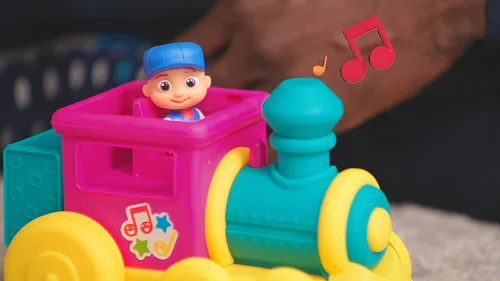 Vista 3 de CoComelon Característica vehículo, tren – vehículo de tren con sonidos – Figura exclusiva de conductor JJ – Se adapta a 4 figuras – Ruedas gratis