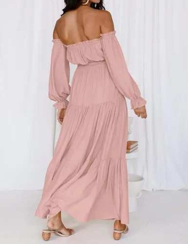 Vista 51 de ZESICA - Vestido largo, bohemio y sexy, con hombros descubiertos y manga larga fruncida, con elástico fruncido, cintura alta y abertura lateral
