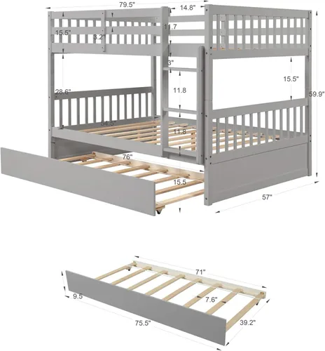 Vista 2 de Olela Litera de tamaño matrimonial sobre matrimonial con nido individual, marco de cama matrimonial de madera convertible con escalera de riel