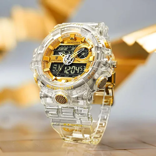 Vista 3 de Relojes PINDOWS para hombre, transparente dorado, analógico digital, doble hora, 50M resistente al agua, retroiluminación LED, multifuncional