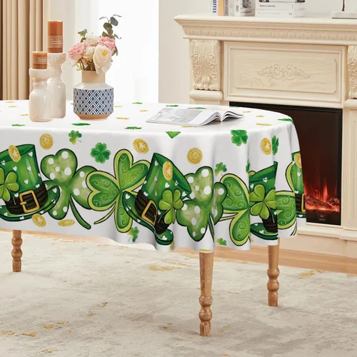 Vista 11 de Horaldaily Mantel del Día de San Patricio de 52 x 70 pulgadas, sombrero de trébol blanco lavable para fiesta, picnic y cena