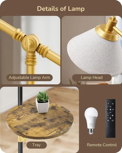 Vista 7 de EDISHINE - Lámpara de pie de arco de 68" con mesa, lámpara de pie vintage para sala de estar con bandeja, altura ajustable, bombilla LED de 5