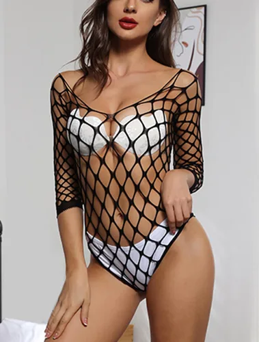 Vista 6 de Lencería de red para mujer, con cuello en V, mini vestido transparente, ropa de dormir de una pieza, talla única Negro 7