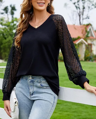 Vista 2 de MINTLIMIT Blusa de manga larga con encaje para mujer, estilo informal, elegante, de verano, holgada, de punto, cuello en V, sin botones Negro