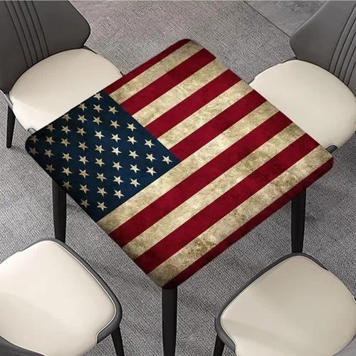 Vista 3 de Mantel cuadrado ajustable con bandera americana, 4 de julio, Día de la Independencia, manteles de madera con borde elástico, resistente a