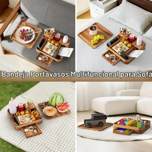 Vista 3 de Soporte para tazas de sofá, bandejas de madera de acacia de 2 niveles