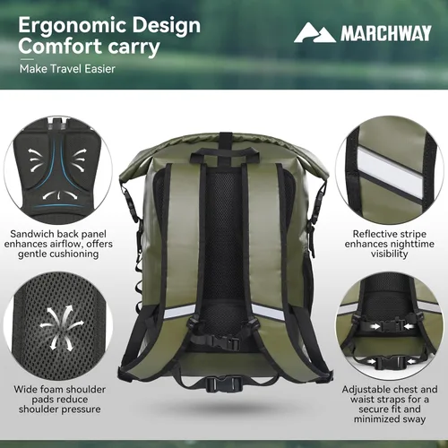 Vista 3 de MARCHWAY Mochila impermeable con parte superior enrollable, bolsa seca flotante de 20L/30L/45L con base rectangular ergonómica, espalda acolchada