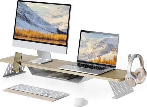 Vista 10 de Fenge Soporte de monitor doble, elevador de monitor de 42.5 pulgadas para escritorio, estante de escritorio de madera para 2 monitores, estante