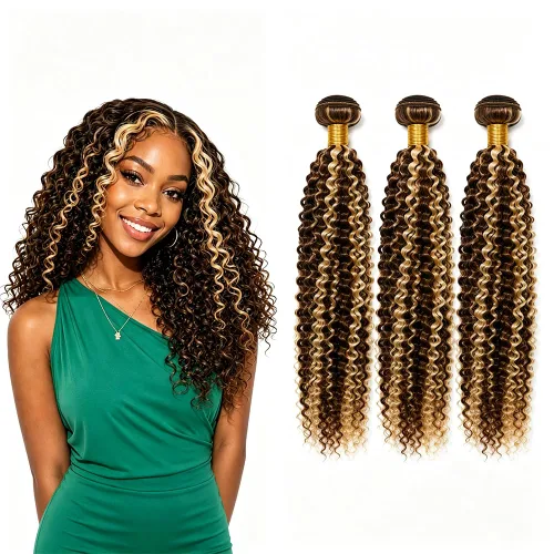 Vista 7 de P4613 Cabello humano rizado onda profunda marrón y paquetes mixtos 8 10 12 P4613 Ombre Marrón-Rubio-DP