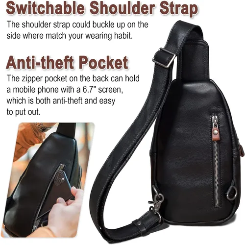 Vista 4 de CENUNCO Bolso bandolera de cuero genuino para hombres y mujeres, mochila cruzada oculta en el pecho, bolsa de viaje antirrobo, Negro -, Bolsa