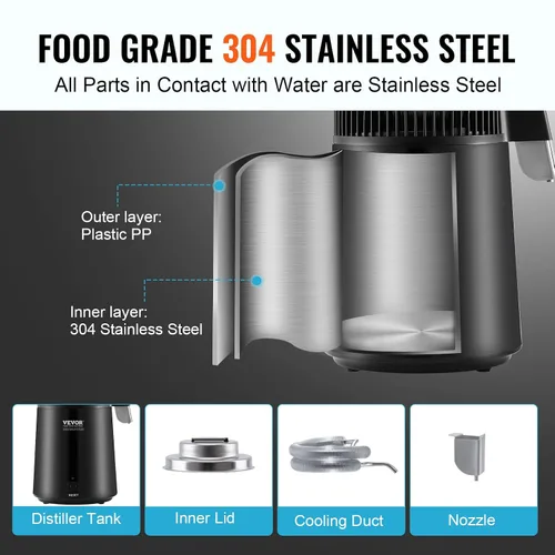 Vista 5 de VEVOR Destilador de agua, destilación de agua pura de 4 l/1.05 galones para encimera del hogar, máquina de agua destilada de 750 W, destilador