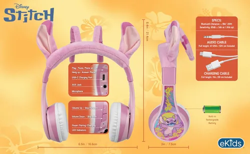 Vista 6 de Disney Stitch Angel - Auriculares Bluetooth para niños, auriculares inalámbricos