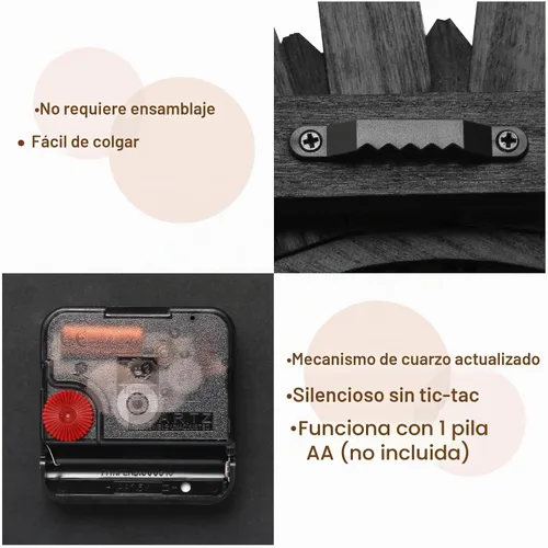 Vista 5 de Honiway Reloj de Pared a Batería de 12 Pulgadas de Madera Rústica Bohemio Sunburst Decorativo Reloj de Pared Silencioso Sin Tictac Negro Relojes