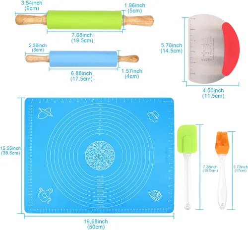 Vista 3 de Ewinever Juego de alfombrillas de pastelería antiadherentes 6 en 1 con cortador de repostería reutilizable para amasar, raspador y cepillo para untar