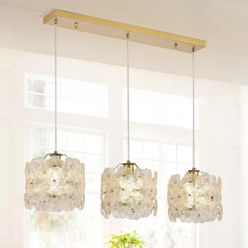 Vista 11 de Lámpara colgante de cristal dorado, paquete de 1 lámpara colgante de techo pequeña con flores modernas, 1 luz para cocina, isla, fregadero, comedor