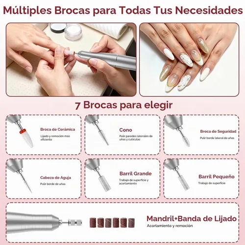 Vista 5 de Taladro de uñas eléctrico profesional: lima de uñas recargable con brocas para uñas de gel acrílicas, herramientas de forma de pulido profesional