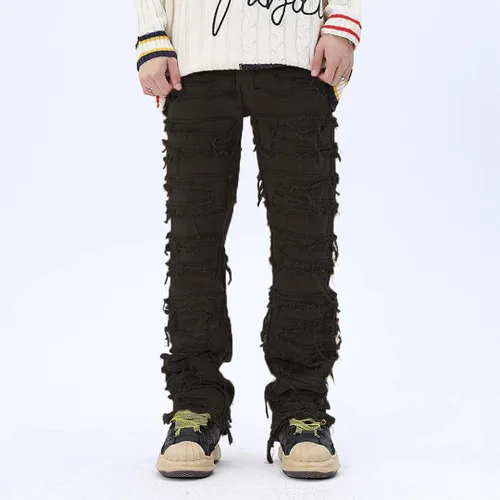 Vista 4 de XYGJZ Pantalones de mezclilla rasgados para hombre, pantalones de mezclilla de pierna recta destruidos sólidos desgastados