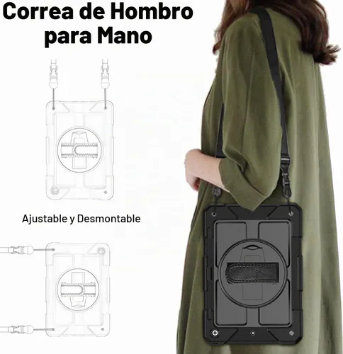 Vista 8 de BMOUO Funda para iPad de 9ª/8ª/7ª generación de 10.2", a prueba de golpes con soporte giratorio de 360°, correa de hombro y mano, funda para iPad