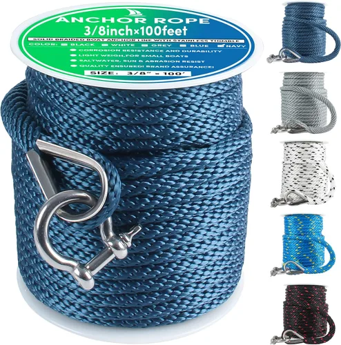 Vista 57 de Cuerda de anclaje premium de 50 pies x 1/2 pulgadas, línea de anclaje trenzada sólida MFP para barco con dedal y grillete - Negro