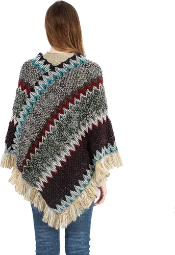 Vista 2 de SherryDC Poncho con flecos de punto en zigzag para mujer