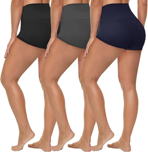 Vista 17 de HLTPRO 3 Pack Plus Size Biker Shorts for Women, Pocket & No-Pocket Options Negro/Beige Rosa/ Gris