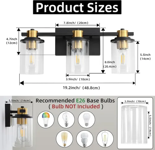 Vista 5 de LOUSACE Lámpara de baño negra y dorada, 3 luces de tocador de baño, moderna luz de baño sobre espejo con pantallas de vidrio transparente, enchufe