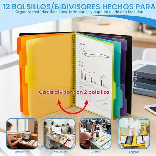 Vista 3 de Binditek - Organizador de proyectos de polietileno de 12 bolsillos con 6 separadores, carpeta organizadora resistente con bolsillo en la portada